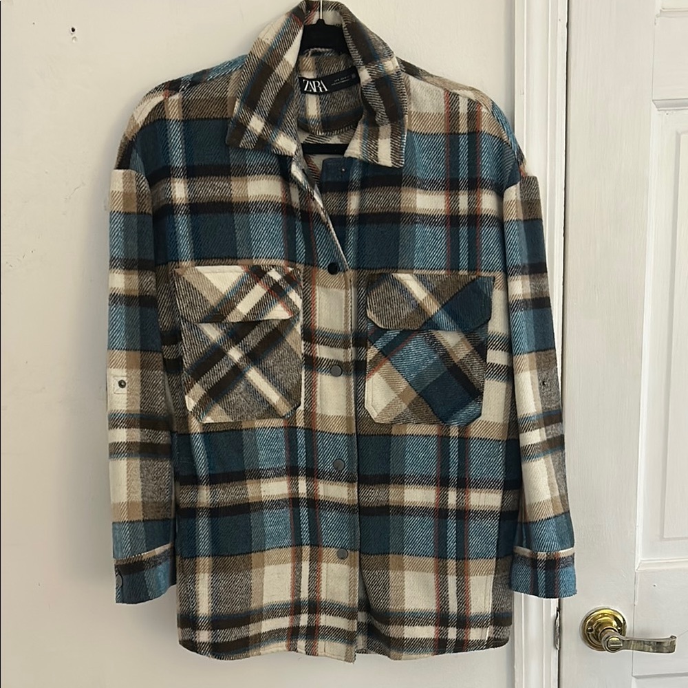 Zara Blue and Brown Lightweight Shirt Jacket